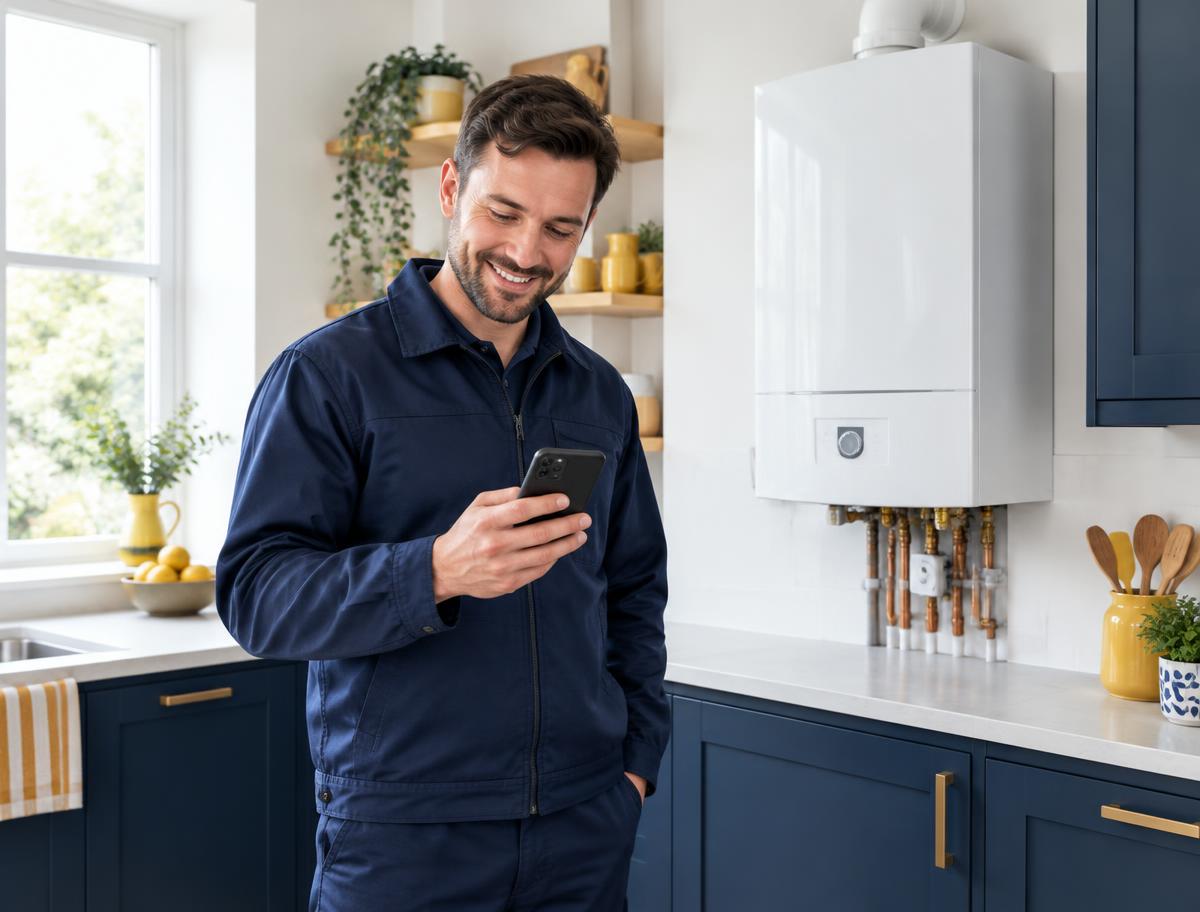 Gas engineer checking renewal reminders on his phone next to a boiler